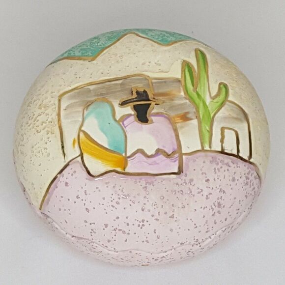 Southwestern Trinket Box Nizhoni Originals Purple Green Cactus Gold Trim 4.5" - Picture 1 of 7